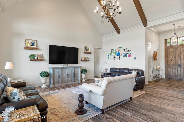 living room featuring a chandelier, beam ceiling, dark hardwood / wood-style floors, and high vaulted ceiling