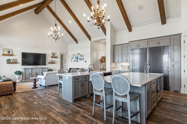 kitchen with hanging light fixtures, an island with sink, and high vaulted ceiling