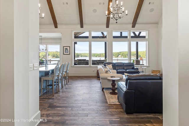 living room with beamed ceiling, dark hardwood / wood-style floors, high vaulted ceiling, and a notable chandelier