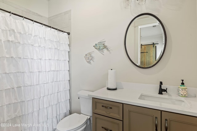 bathroom featuring vanity, toilet, and walk in shower