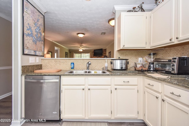 kitchen with a ceiling fan, tasteful backsplash, stainless steel dishwasher, a sink, and a toaster