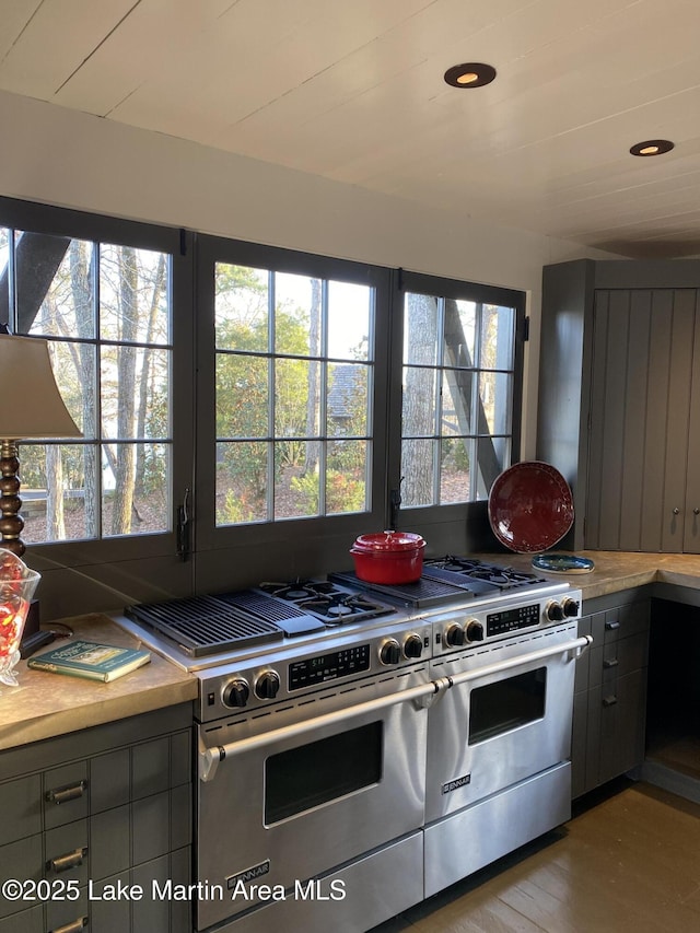 kitchen with range with two ovens, plenty of natural light, gray cabinets, and light hardwood / wood-style flooring