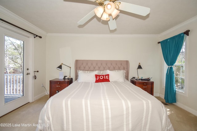 bedroom with light colored carpet, ornamental molding, a ceiling fan, and access to outside