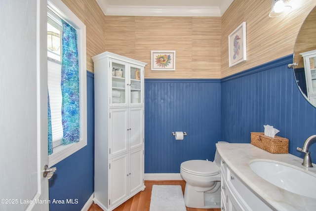 bathroom with a wealth of natural light, toilet, vanity, and ornamental molding