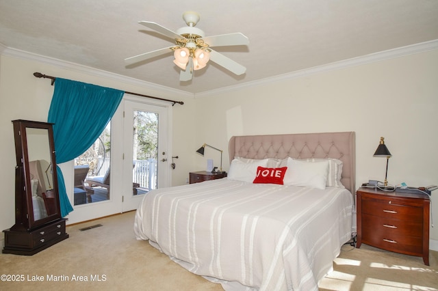 bedroom with visible vents, carpet flooring, crown molding, and access to outside