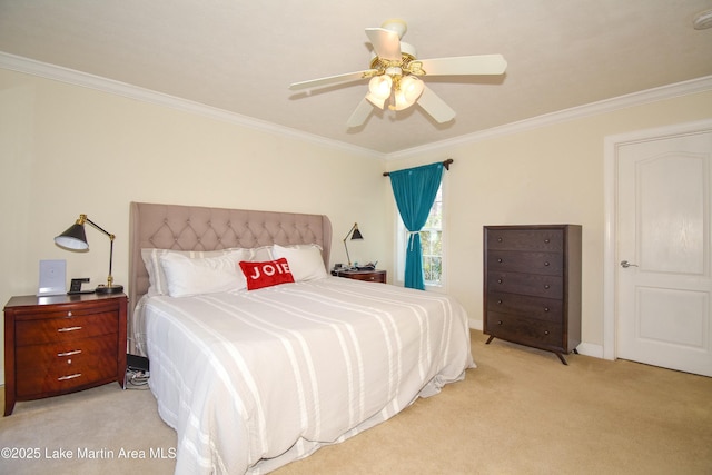 bedroom with light carpet, a ceiling fan, and ornamental molding