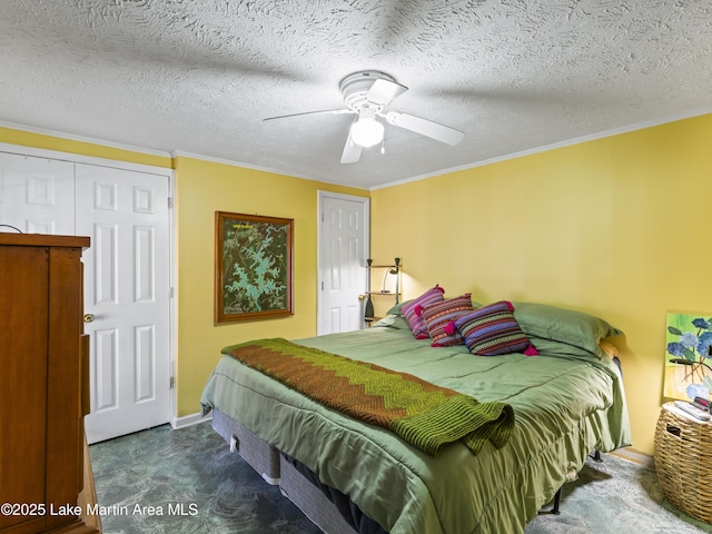 carpeted bedroom with baseboards, a textured ceiling, ornamental molding, and a ceiling fan