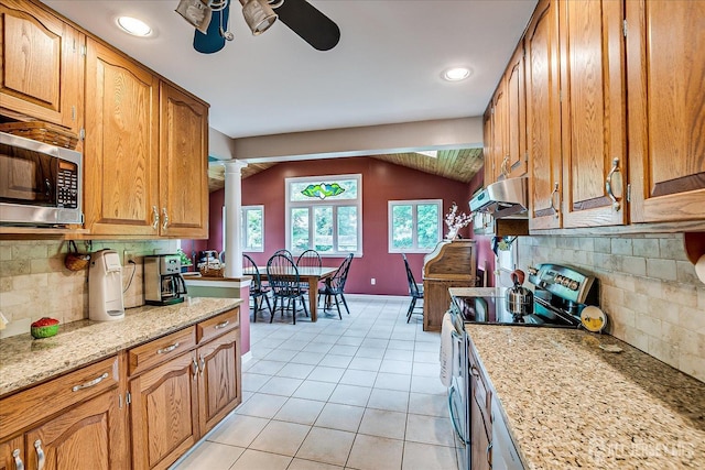 6 Zaydee Dr, Edison, NJ 08837 - kitchen featuring stainless steel appliances, ornate columns, a ceiling fan, tasteful backsplash, and vaulted ceiling