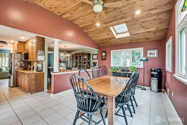 6 Zaydee Dr, Edison, NJ 08837 - dining space featuring lofted ceiling, light tile patterned flooring, a chandelier, wooden ceiling, and a skylight