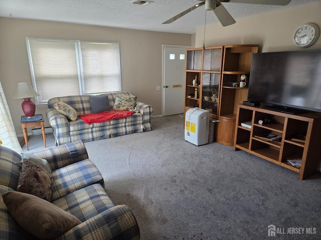 146 Old Nassau Rd, Monroe, NJ 08831 - carpeted living room with a ceiling fan, a textured ceiling, and baseboard heating
