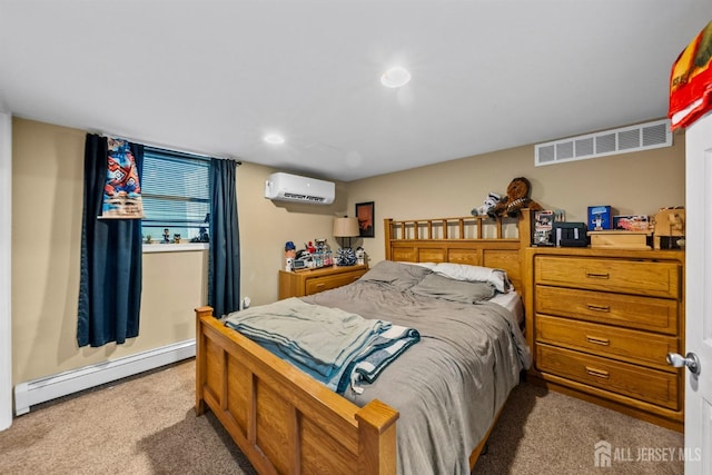 carpeted bedroom featuring baseboard heating, a wall mounted AC, and recessed lighting