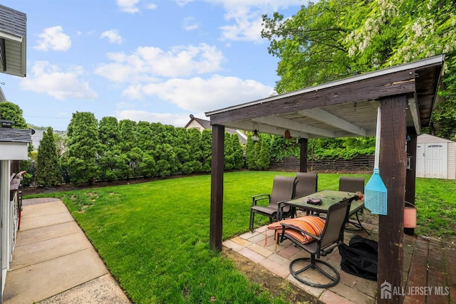 view of yard with a storage unit, an outdoor structure, and a patio area