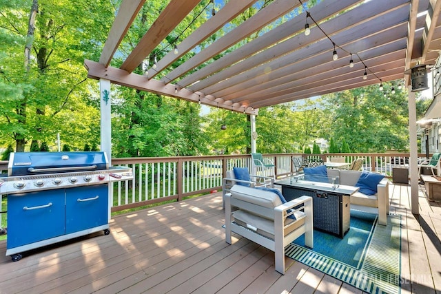 deck featuring outdoor lounge area and a pergola