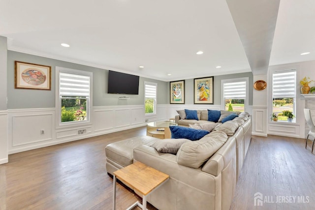 living room featuring ornamental molding and wood-type flooring