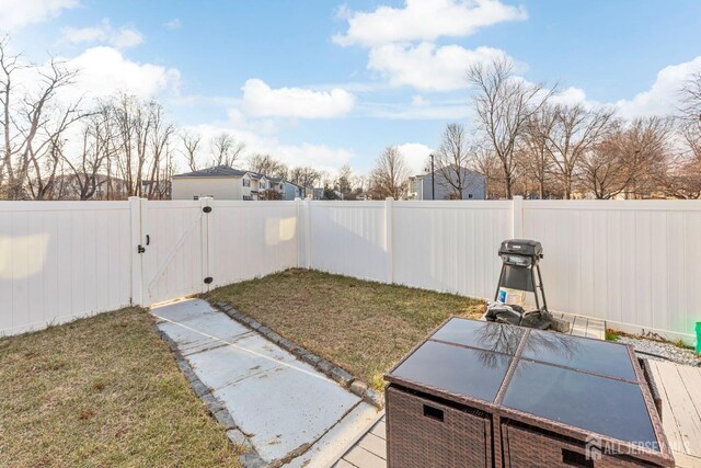 view of yard featuring a fenced backyard and a gate