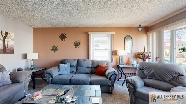 carpeted living room featuring a textured ceiling