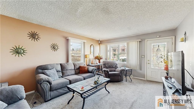 living area with baseboards, light colored carpet, and a textured ceiling