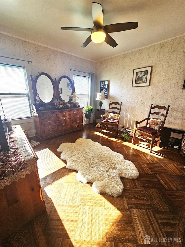 402 Raritan Ave, Middlesex, NJ 08846 - bedroom with wallpapered walls, a ceiling fan, and ornamental molding