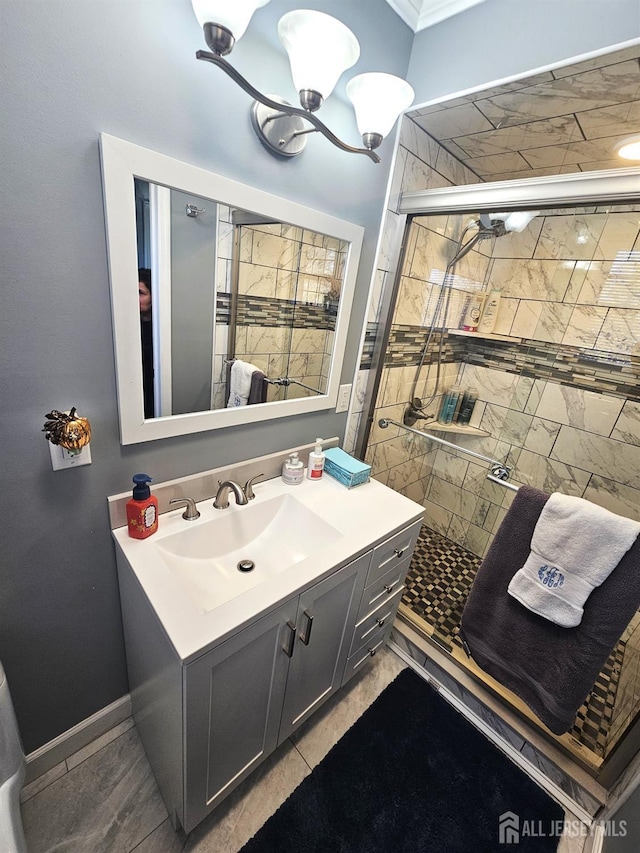 402 Raritan Ave, Middlesex, NJ 08846 - bathroom with a stall shower, vanity, a chandelier, and baseboards