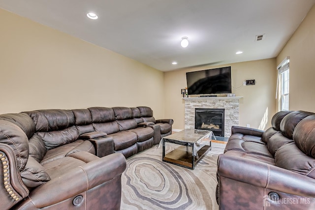 169 Metuchen Ave, Woodbridge Proper, NJ 07095 - living room featuring a stone fireplace and recessed lighting