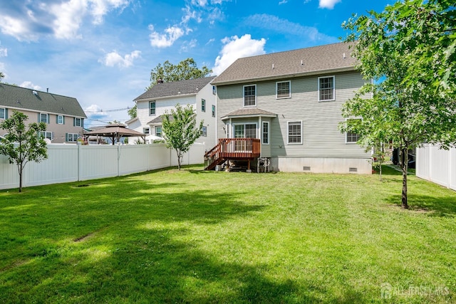 169 Metuchen Ave, Woodbridge Proper, NJ 07095 - back of property featuring crawl space, a fenced backyard, a wooden deck, a gazebo, and stairs