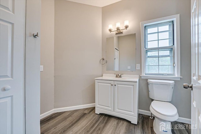 bathroom featuring vanity, wood-type flooring, and toilet