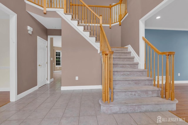 3 Malibu Ct, Jackson, NJ 08527 - stairs featuring a high ceiling, tile patterned flooring, and recessed lighting