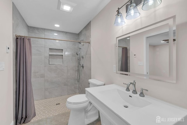 3 Malibu Ct, Jackson, NJ 08527 - bathroom with tiled shower, vanity, tile patterned flooring, and recessed lighting