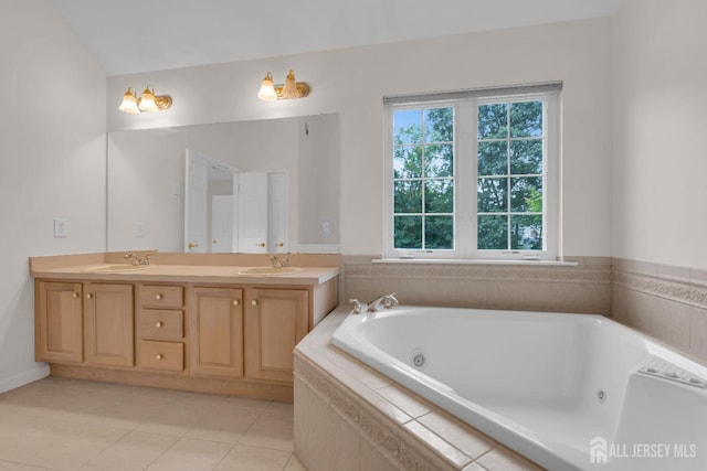 3 Malibu Ct, Jackson, NJ 08527 - bathroom featuring double vanity, a whirlpool tub, and tile patterned floors