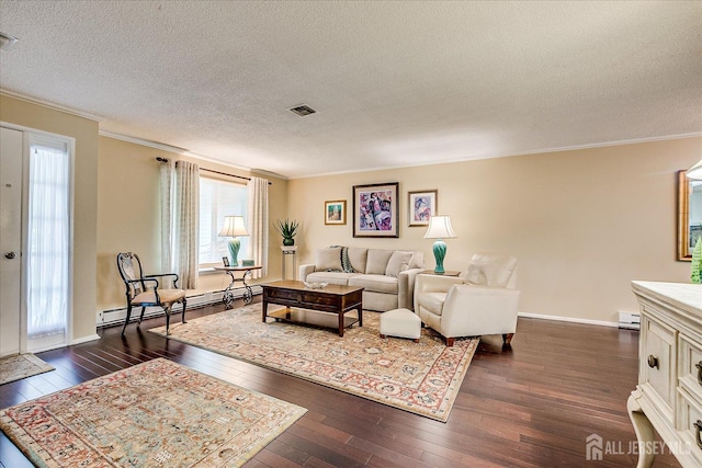 106-B Hemlock Plz, Monroe, NJ 08831 - living room featuring a textured ceiling, a baseboard heating unit, dark wood-style floors, and ornamental molding