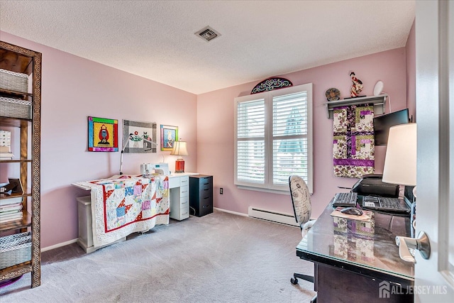 106-B Hemlock Plz, Monroe, NJ 08831 - home office featuring a baseboard heating unit, light carpet, and a textured ceiling