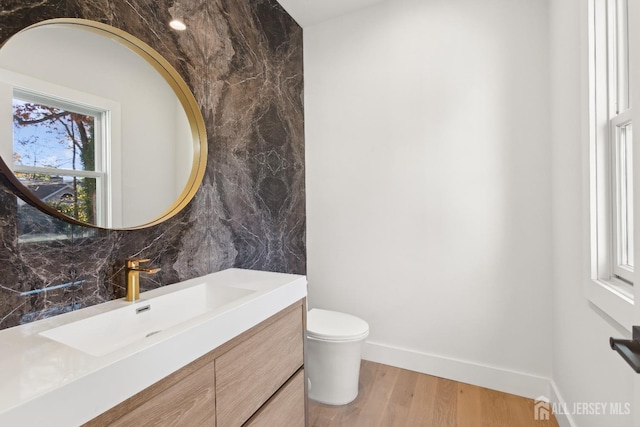 bathroom featuring tasteful backsplash, vanity, toilet, and wood-type flooring