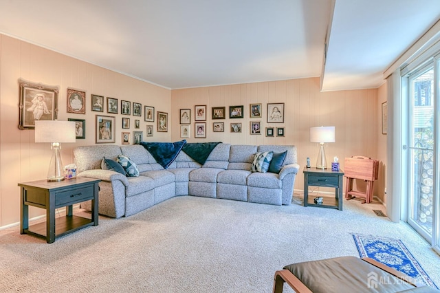 living area featuring carpet flooring and crown molding