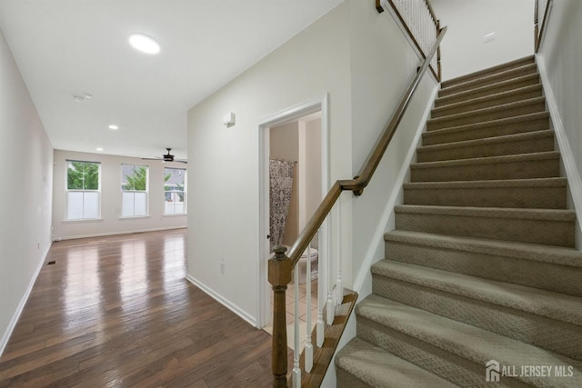 30 Clover Ln, Monroe, NJ 08831 - stairway with a ceiling fan, wood finished floors, and recessed lighting