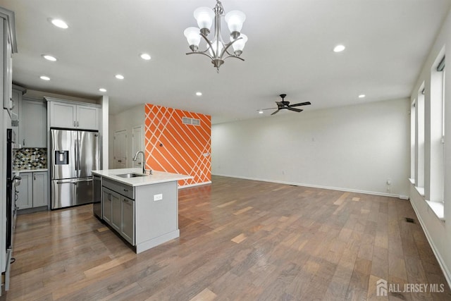 30 Clover Ln, Monroe, NJ 08831 - kitchen with appliances with stainless steel finishes, gray cabinetry, a ceiling fan, light countertops, and recessed lighting