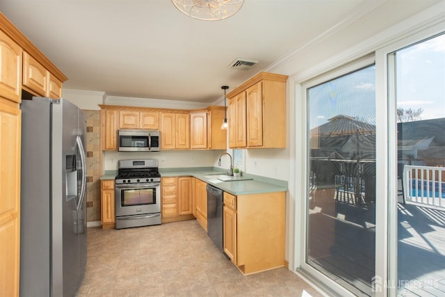 kitchen featuring light brown cabinets, sink, crown molding, and appliances with stainless steel finishes