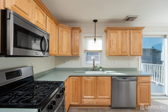 kitchen featuring crown molding, sink, stainless steel appliances, and decorative light fixtures