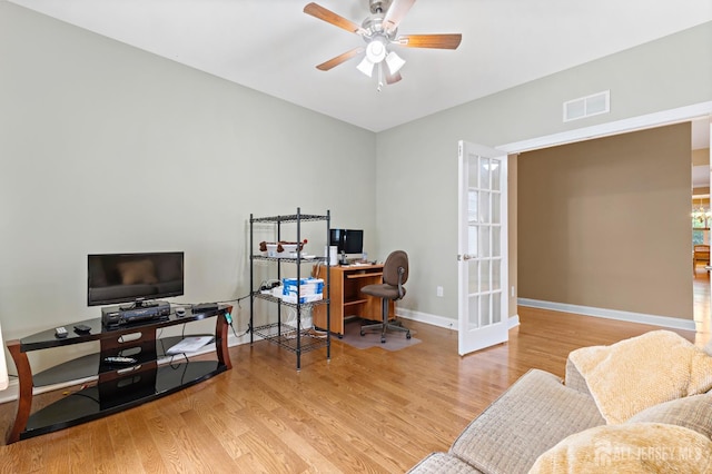 72 Wintergreen Dr, Manalapan, NJ 07726 - office area featuring ceiling fan, wood finished floors, baseboards, and french doors