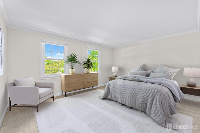 bedroom featuring light carpet and ornamental molding