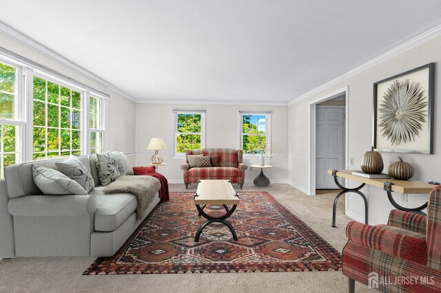 living room with light carpet, plenty of natural light, and crown molding