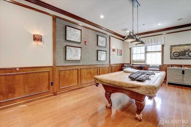 4215 Falston Cir Unit 15, Old Bridge, NJ 08857 - playroom with ornamental molding, wainscoting, billiards table, light wood-style flooring, and recessed lighting
