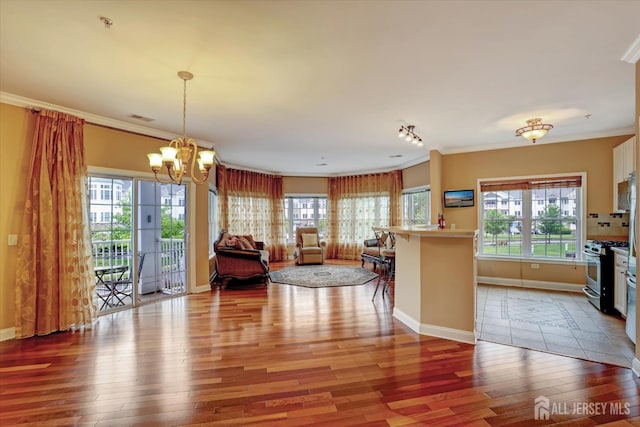 4215 Falston Cir Unit 15, Old Bridge, NJ 08857 - kitchen with appliances with stainless steel finishes, wood finished floors, crown molding, a peninsula, and a chandelier