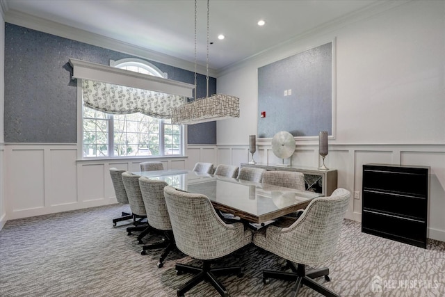 4215 Falston Cir Unit 15, Old Bridge, NJ 08857 - dining room featuring a decorative wall, a wainscoted wall, crown molding, carpet flooring, and recessed lighting