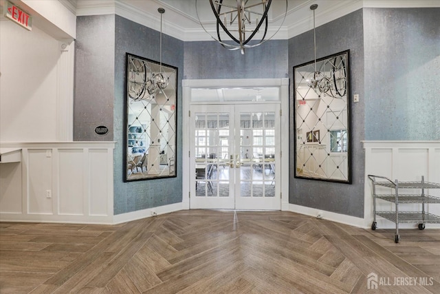 4215 Falston Cir Unit 15, Old Bridge, NJ 08857 - entrance foyer featuring a decorative wall, a chandelier, french doors, crown molding, and a high ceiling