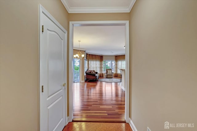 4215 Falston Cir Unit 15, Old Bridge, NJ 08857 - hallway featuring wood finished floors, crown molding, and a chandelier