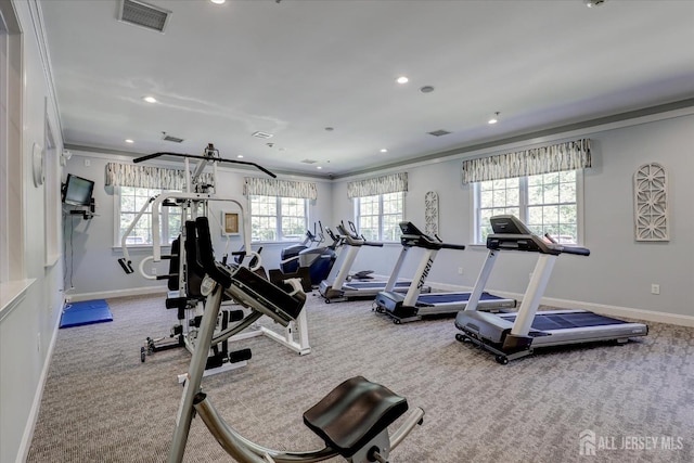 4215 Falston Cir Unit 15, Old Bridge, NJ 08857 - gym featuring carpet, ornamental molding, and recessed lighting