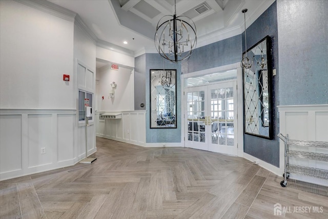 4215 Falston Cir Unit 15, Old Bridge, NJ 08857 - unfurnished dining area with a towering ceiling, a decorative wall, ornamental molding, french doors, and coffered ceiling