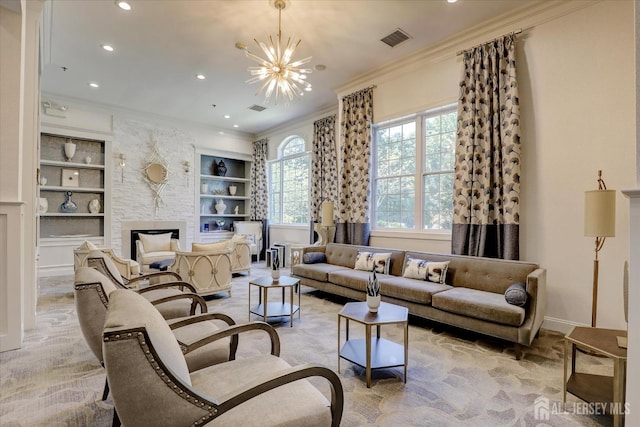 4215 Falston Cir Unit 15, Old Bridge, NJ 08857 - living area featuring ornamental molding, recessed lighting, built in shelves, a chandelier, and a large fireplace