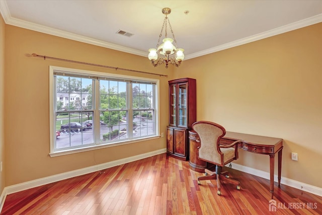 4215 Falston Cir Unit 15, Old Bridge, NJ 08857 - office area with a chandelier, hardwood / wood-style floors, and ornamental molding