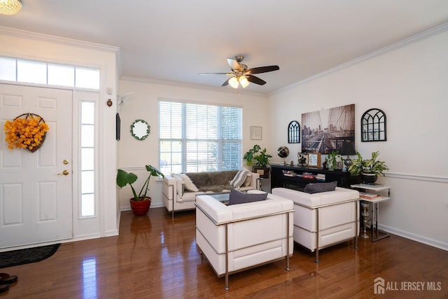460 Morning Glory Dr, Monroe, NJ 08831 - living room featuring ceiling fan, dark wood finished floors, ornamental molding, and baseboards
